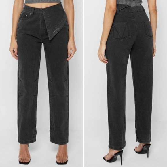 Maniere De Voir Denim - Maniere De Voir Half Foldover Mom Jeans in Washed Black Size 8